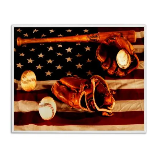 Stupell Industries Vintage American Flag Baseball Photo Framed Giclee Art White {1}