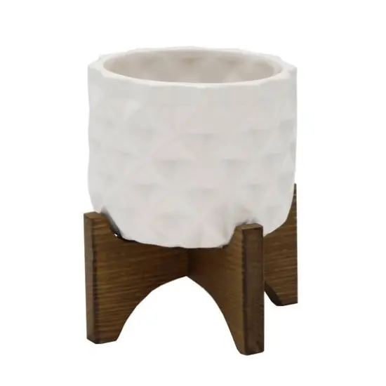 Flora Bunda 5" Matte White Ceramic Dimple Pattern Planter On Wood Stand {1}