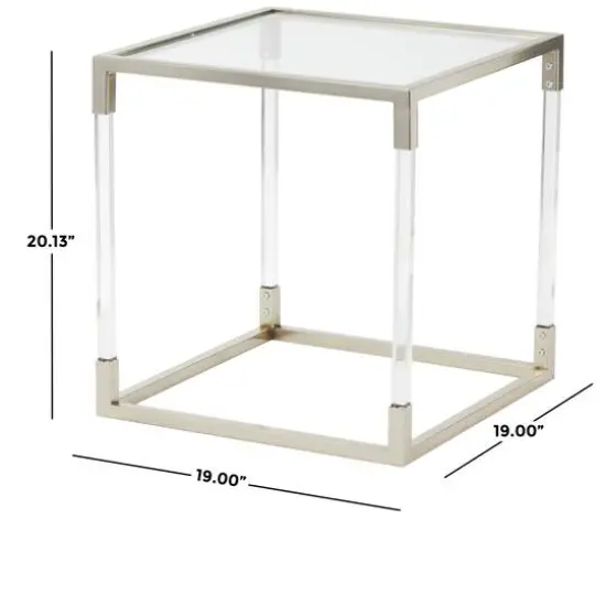 20.25" Silver Metal Floral Cube Shaped Accent Table with Clear Glass Top {8}
