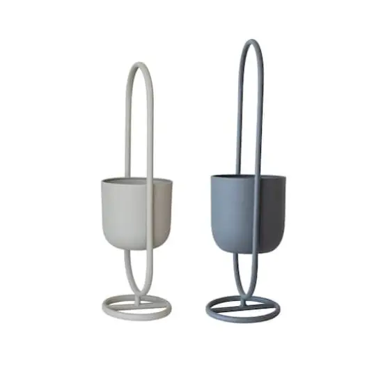 Hello Honey&reg; Matte Gray & Sand Metal Floor Planter Set Hanging on Stands {4}