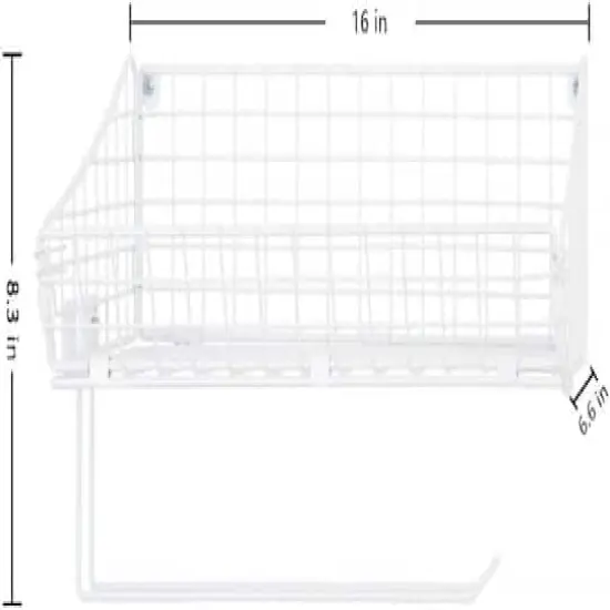 NEX&trade; 16" White Wall Mounted Wire Basket Shelf & Paper Roll Holder {3}