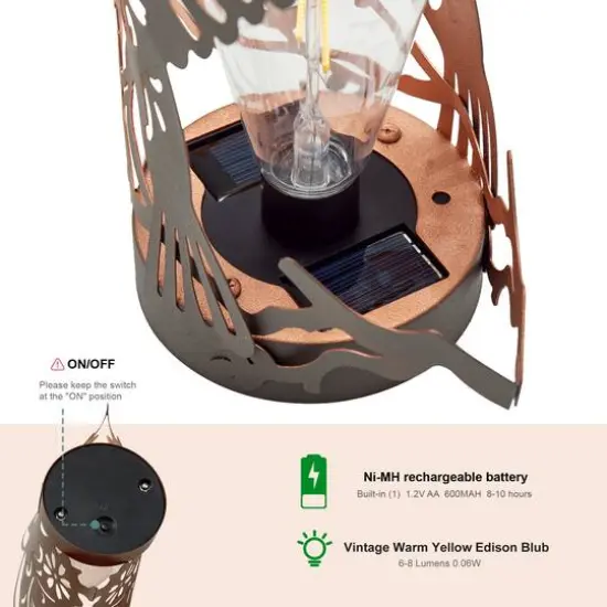 Glitzhome&reg; 9.75" Metal Flying Hummingbird Silhouette Solar Powered Edison Bulb Outdoor Lanterns, 2ct. {7}