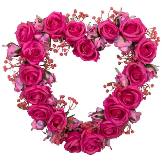 16" Pink Blooming Rose Buds Artificial Heart Shaped Valentine's Day Wreath {1}