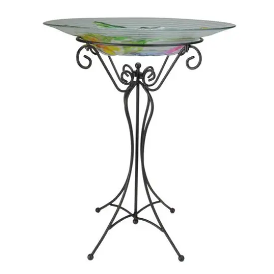 22.5" Hand Painted Glass Vibrant Hummingbird & Flowers Outdoor Garden Bird Bath {3}