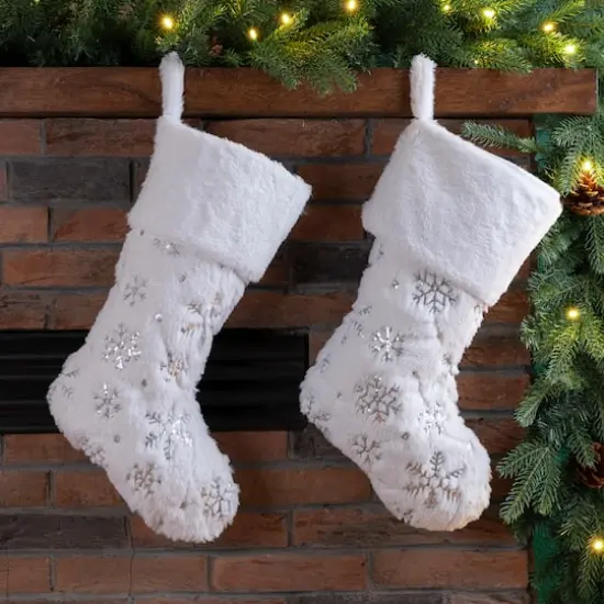 Glitzhome&reg; 21" White Plush Snowflake Stocking, Set Of 2 {3}