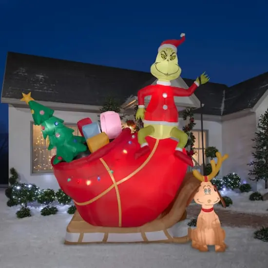 12ft. Airblown&reg; Inflatable Grinch & Max in Sleigh Colossal Scene {5}