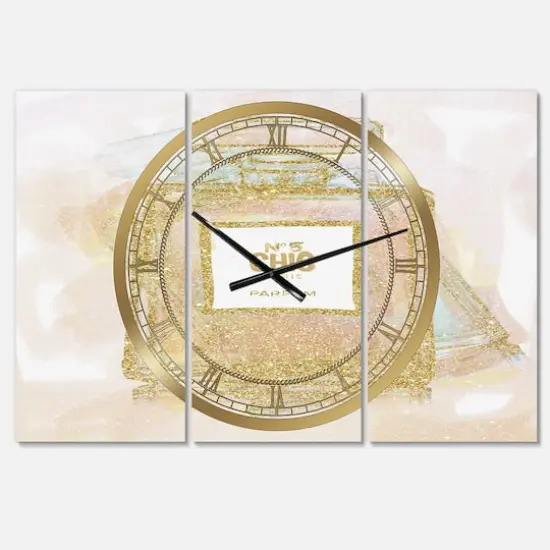 Designart Nr 5 Chic Paris Parfum Fashion 3 Panel Large Wall Clock {1}
