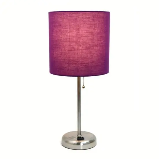 LimeLights 19.5" Stick Lamp with Charging Outlet and Fabric Shade Brushed Steel and Purple {3}