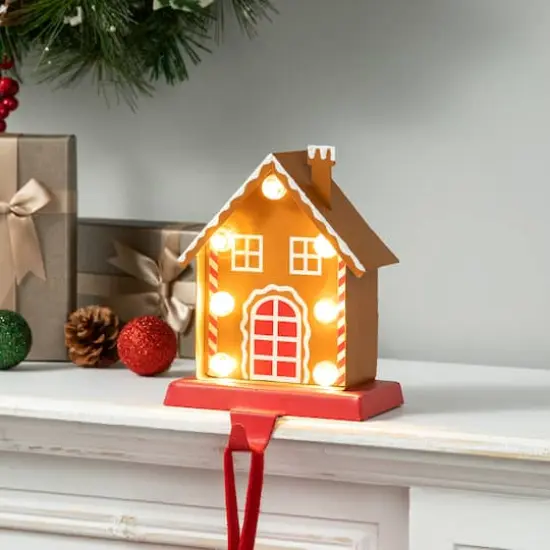Glitzhome&reg; 6.75'' Marquee LED Gingerbread House Metal Christmas Stocking Holder {5}