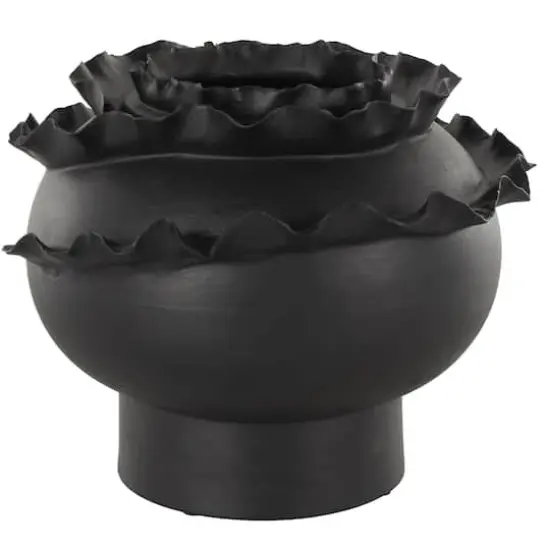 11.5" Black Wide Abstract Floral Ceramic Vase with Layered Petals {1}