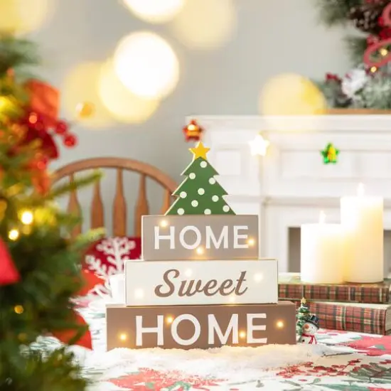 Glitzhome&reg; 13" Lighted Wooden Block Word Sign with Changeable Top {7}