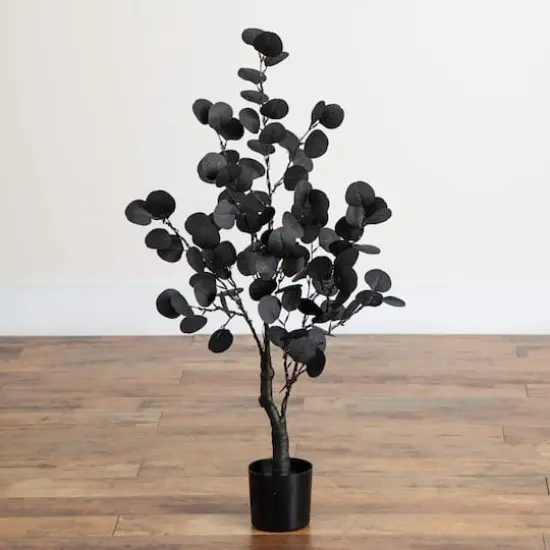 3ft. Pre-Lit Artificial Halloween Black Eucalyptus Tree with 80 Orange & Purple LED Lights {8}