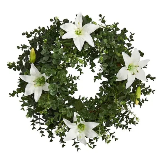 18" Eucalyptus & Lily Double Ring Wreath with Twig Base {1}