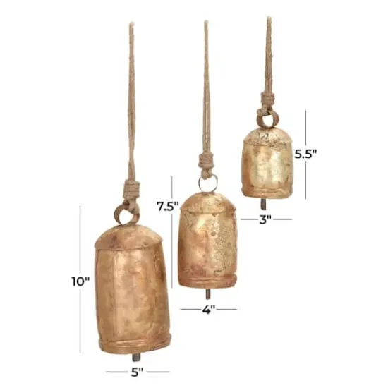 Gold Metal Rustic Decorative Cow Bell, Set of 3" 22", 18", 12" {6}
