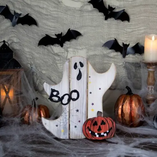 13" Ghost with Jack-O-Lantern Wooden Halloween Boo Sign {3}