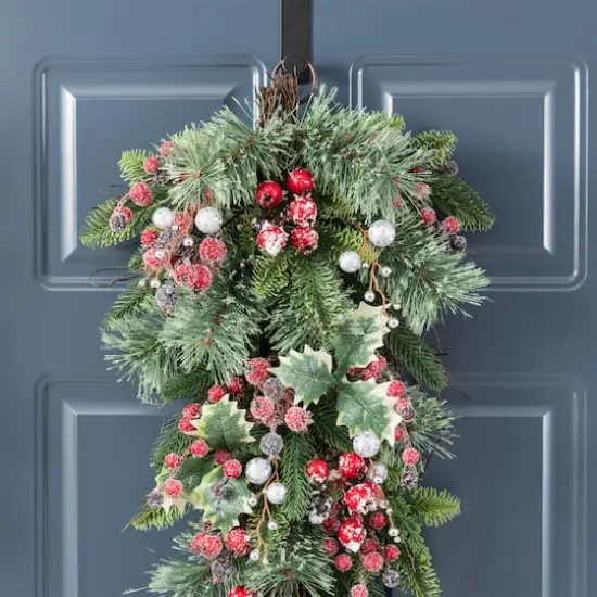 Glitzhome&reg; 28"H Christmas Red Pomegranate Berry & Holy Leaf Teardrop {5}