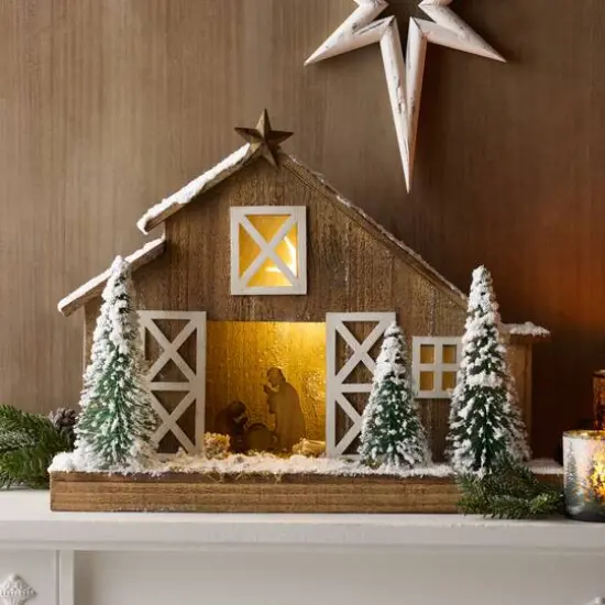 19.5" Brown LED Flocked Nativity Stable Display {3}