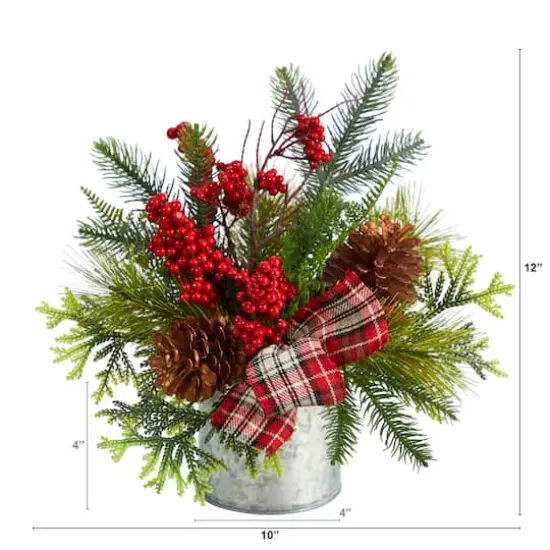 12" Holiday Winter Pinecones, Berries, Greenery & Plaid Bow Arrangement {4}