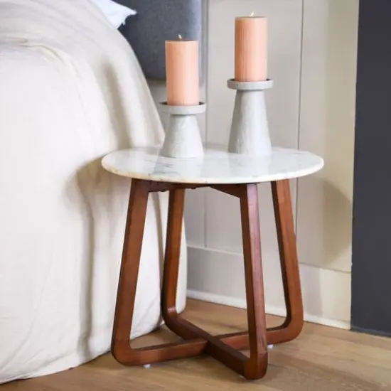 Hello Honey&reg; Modern Bohemian Marble & Wood Round End Table Walnut Finish {4}