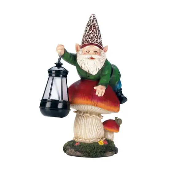 13" Gnome on Mushroom Solar Statue {1}