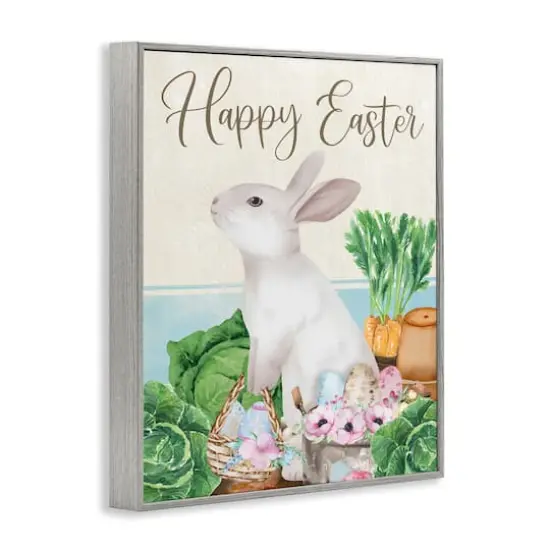 Stupell Industries Happy Easter Bunny Rabbit Greens Eggs Basket Framed Giclee Art Gray {4}