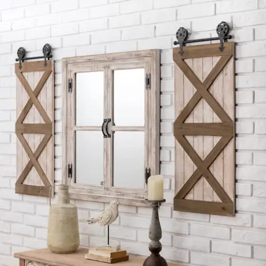 Glitzhome® 31.5" Washed White Wooden Farmhouse Square Windowpane Wall Mirror {3}