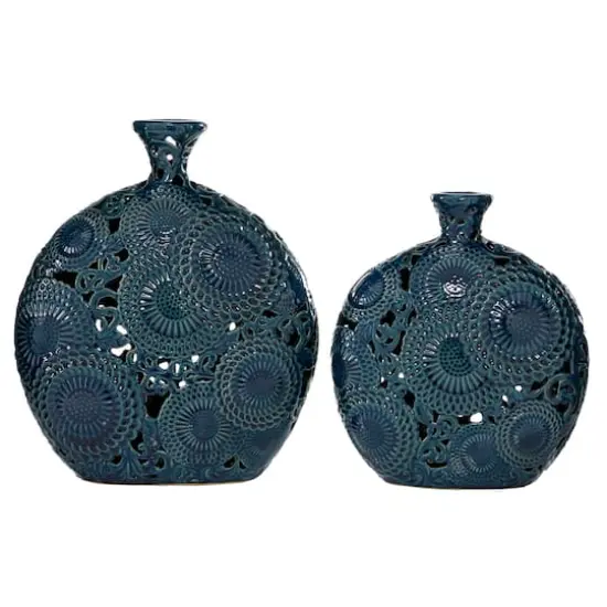 Set of 2 Blue Stoneware Eclectic Vase, 16", 13" {1}