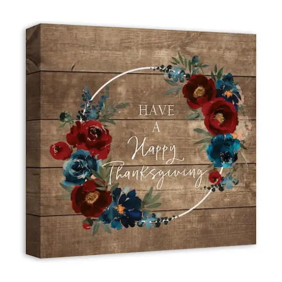 Happy Thanksgiving Floral Wreath Canvas Wall Art {3}