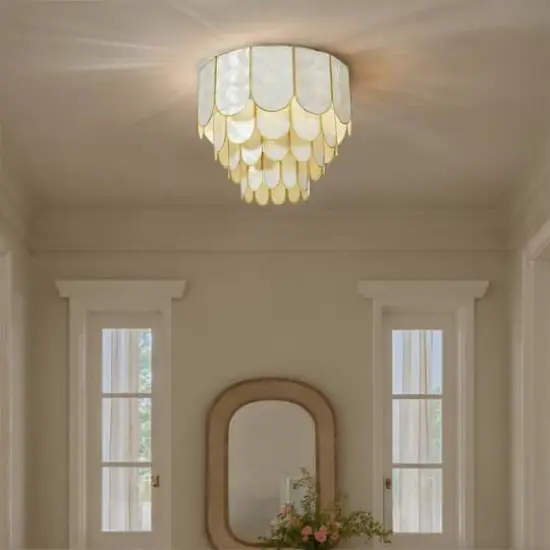 Hello Honey&reg; 14" Round 4-Tier Capiz & Metal Flush Mount Ceiling Light Matte Gold {9}