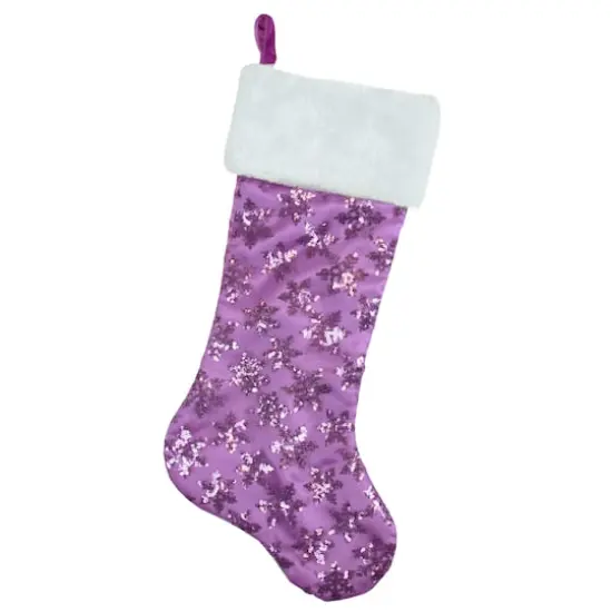 20.5" Sequin Snowflake Stocking with White Faux Fur Cuff, Purple {3}