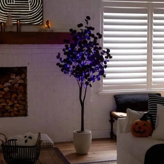 6ft. Pre-Lit Artificial Halloween Black Eucalyptus Tree with 300 Orange & Purple LED Lights {10}