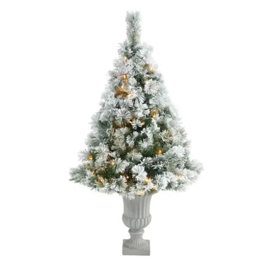 4.5ft. Pre-Lit Flocked Oregon Pine Artificial Christmas Tree in Decorative Urn, Clear Lights {1}