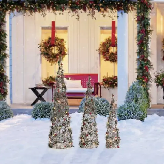 Glitzhome&reg; Lighted Christmas Cone Tree Outdoor D&eacute;cor Set {4}