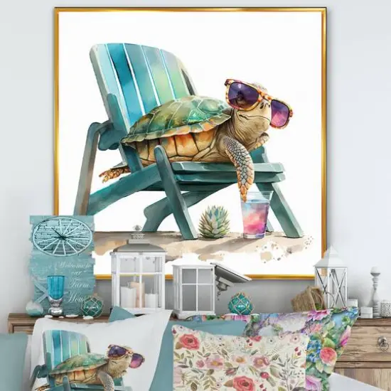 Designart 'Turtle Laying On A Beach Chair With Sunglasses I' Animals Framed Canvas Wall Art Thin Gold {1}