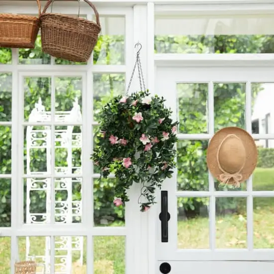 34in. UV Resistant Artificial Azalea Hanging Basket (Indoor/Outdoor) {9}