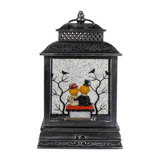 11.5" Black Lighted Halloween Snow Globe Lantern With Pumpkin Couple {5}