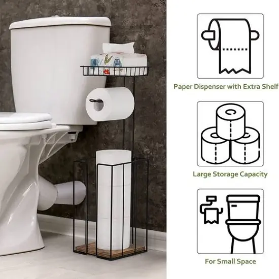 NEX&trade; 23.5" Black Freestanding Toilet Paper Holder with Shelf {4}