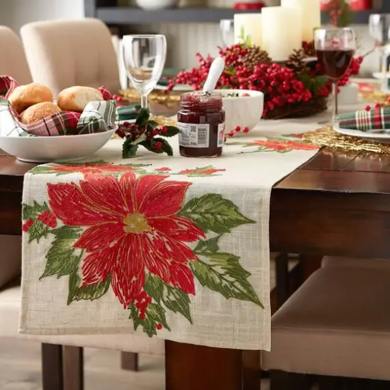 DII&reg; 70" Cream Poinsettia Holly Embroidered Table Runner {6}