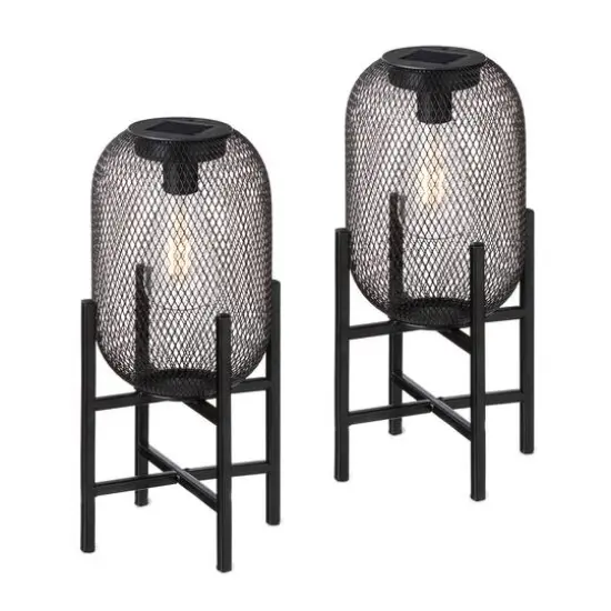 Glitzhome&reg; 14.25" Metal Mesh Black Solar Powered Lantern with Stand, 2ct. {1}