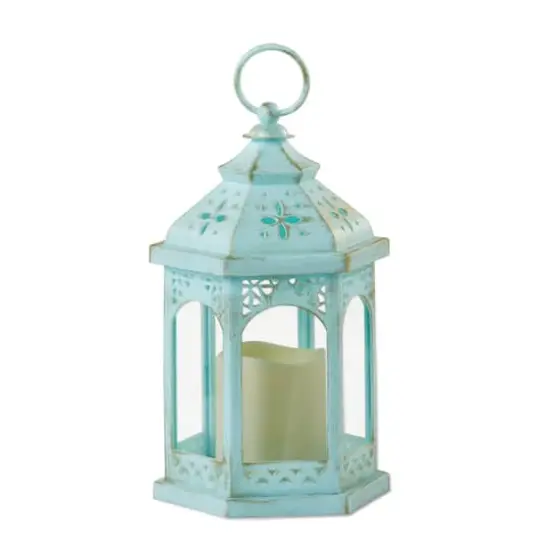 LED Blue Hexagon Distressed Lantern Set {1}