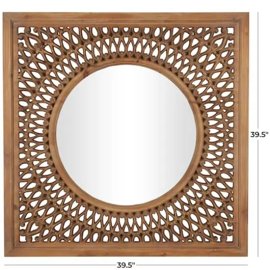 40" Brown Wood Framed Wall Mirror with Carved Scroll Pattern {4}