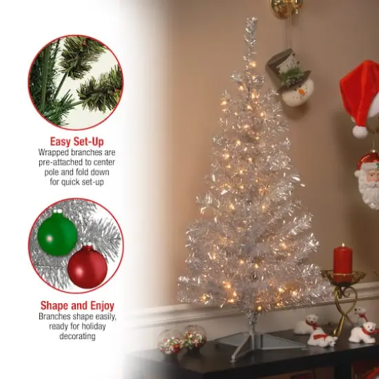 4ft. Pre-Lit Silver Tinsel Artificial Christmas Tree, Clear Lights {7}