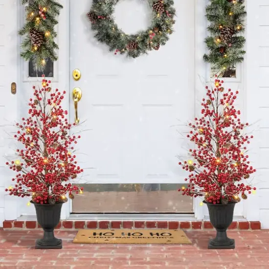 3ft. Pre-Lit Berry & Pinecone Artificial Urn Christmas Porch Tree, Warm White LED Lights {5}
