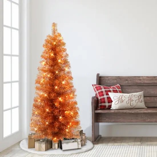 4.5ft. Pre-Lit Orange Tinsel Artificial Christmas Tree, Clear Lights {4}