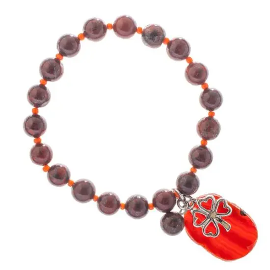 John Bead Red Jasper Stretch Bracelet with Agate & Clover Charms {1}