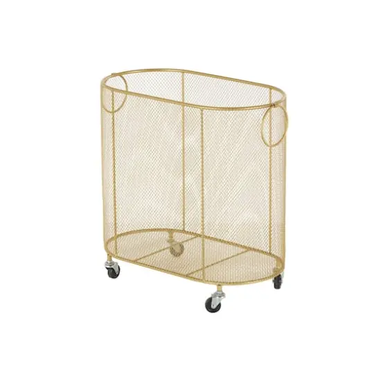 21" Metal Oval Mesh Wire Rolling Laundry Storage Cart with Ring Handles Gold {7}
