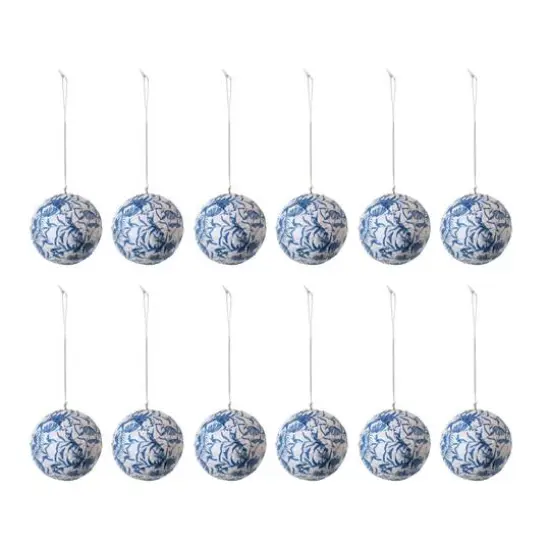 Hello Honey&reg; 12 Pack 3" Blue & Cream Round Printed Paper Mache Ball Ornaments with Flowers & Peacock Feather Design {1}