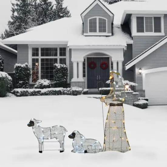 Fabric Glitter Shepherd and Sheep Set with Warm & Cool White UL LED Lights {3}