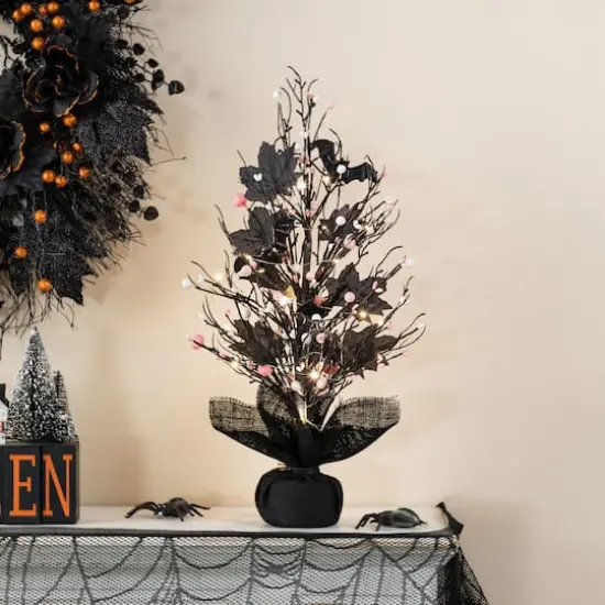 Glitzhome&reg; 20"H Lighted Black and Pink Halloween Berries Table Tree {4}