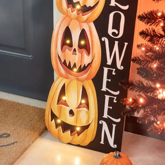 Glitzhome® 42" Lighted Halloween Wooden Stacked Pumpkins Porch Sign with Timer {7}